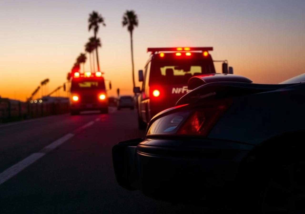 California car accident aftermath with tow truck at dusk